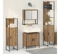 HETFTJN Set Mobili Bagno 4 Pezzi in Rovere Artigianale con Struttura Metallo Nero Lucido, Mobile Salvaspazio Multiuso per Interni Beige Rettangolare