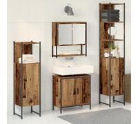 HETFTJN Set Mobili Bagno 4 Pezzi Legno Invecchiato con Armadio Basso 90cm e Scaffale Alto 180cm, Mobiletto Salvaspazio Rustico per Organizzazione Interni