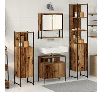 HETFTJN Set Mobili Bagno 4 Pezzi Legno Recuperato Salvaspazio Design Rustico Finitura Invecchiata Colore Marrone Rettangolare per Interni con Facile Assemblaggio