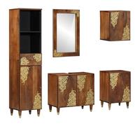 HETFTJN Set Mobili Bagno 5 Pezzi Legno Massello Mango con Specchio, Mobile Lavabo 62x33x58 cm, Credenza 38x33x160 cm, Armadietti Salvaspazio per Organizzazione Bagno Marrone