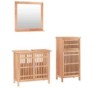 HETFTJN Set Mobili da Bagno 3 Pezzi in Legno Massello di Noce con Specchio | Organizzazione elegante per il bagno con finitura ad olio naturale, ante a reticolo traspiranti e vani capienti.