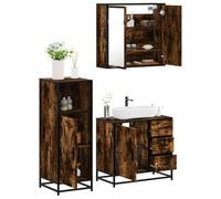 HETFTJN Set Mobili da Bagno 3 Pezzi Rovere Fumo con Armadietto Specchio Mobile Lavabo e Armadietto in Legno Multistrato Salvaspazio per Bagno Elegante