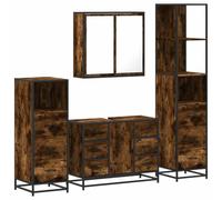 HETFTJN Set Mobili da Bagno 4 Pezzi con Specchio e Struttura in Metallo | Arredo completo per stanza da bagno composto da specchiera a muro, mobile sottolavello e due armadietti in rovere fumo.