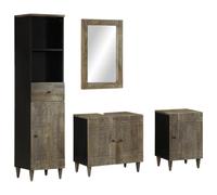 HETFTJN Set Mobili da Bagno 4 Pezzi in Legno Massello di Mango Nero, Mobile Lavabo con Foro, Specchio, Armadietto Alto e Basso per Ottimizzare Spazio, Design con Intagli