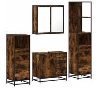 HETFTJN Set Mobili da Bagno 4 pz con Specchio e Lavabo Rovere Fumo | Arredamento per il bagno moderno con specchiera, mobile sottolavello e due colonne contenitore con struttura in metallo.