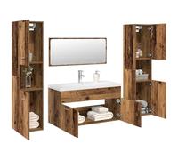 HETFTJN Set Mobili da Bagno 5 Pezzi in Legno Antico con Lavabo, Specchio e Armadietti Salvaspazio - Mobile Sottolavabo Multistrato per Ottimizzazione Spazio Bagno