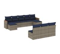 HETFTJN Set Salotto da Giardino 10pz in Polyrattan Grigio con Cuscini Blu | Arredo modulare per terrazzo e patio con vano portaoggetti integrato e cuscini sfoderabili per vivere il relax all aperto.