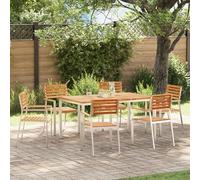 HETFTJN Set Tavolo da Pranzo Esterno con 6 Sedie Impilabili, Giardino Balcone Legno Teak Massello, Arredo Esterno Moderno 150x90x75 cm 7 Pezzi Marrone Rettangolare