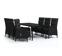 HETFTJN Tavolo da pranzo da giardino nero 140 x 70 cm e 6 sedie in rattan PE resistente alle intemperie, struttura robusta, design moderno per balcone, terrazza, giardino