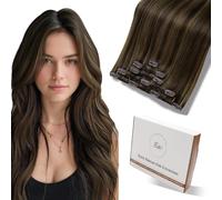 Hetto Extension Clip Capelli Veri Invisibile Castano Extension Clip Capelli Umani Lisci 40 cm 80g 5 Pezzi #P2/8 Castano Scuro Con Marrone Chiaro