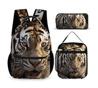 HETVBNS Animal Tiger Set di 3 pezzi, zaino resistente e isolato, borsa per il pranzo, astuccio portatile per uomini e donne