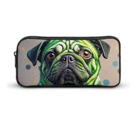 HETVBNS Astuccio a pois verde con carlino, grande capacità, con cerniera, organizer resistente, piccola borsa per cosmetici portatile per ufficio, viaggi