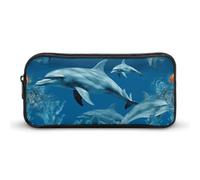 HETVBNS Astuccio blu con delfini, grande capacità, con cerniera, organizer per matite resistente, piccola borsa per cosmetici portatile per ufficio, viaggi