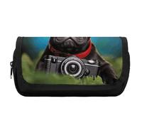 HETVBNS Astuccio con cucciolo di bulldog francese con fotocamera, extra large, astuccio a doppio strato con cerniera, borsa portatile per cosmetici per viaggi, organizer per cancelleria da ufficio per