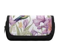 HETVBNS Astuccio con fiori di iris e colibrì, extra large, astuccio a doppio strato con cerniera, astuccio portatile per cosmetici, per viaggi, cancelleria da ufficio, per donne e uomini