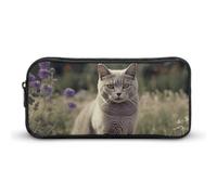 HETVBNS Astuccio con gatto grigio nel campo di fiori, grande capacità, con cerniera, organizer per matite resistente, piccola borsa cosmetica portatile per ufficio, viaggi