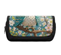 HETVBNS Astuccio con gufo e fiori primaverili turchesi, extra large, astuccio a doppio strato con cerniera, astuccio portatile per cosmetici, per viaggi, cancelleria da ufficio, per donne e uomini