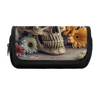 HETVBNS Astuccio con teschio antico e fiori, extra large, astuccio a doppio strato con cerniera, borsa portatile per cosmetici per viaggi, organizer per cancelleria da ufficio per donne e uomini