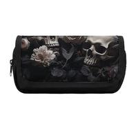 HETVBNS Astuccio per matite con fiori e teschio, colore bianco e nero, extra large, astuccio a doppio strato con cerniera, borsa portatile per cosmetici, organizer per articoli di cancelleria per