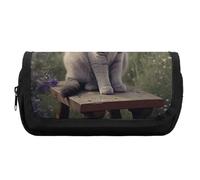HETVBNS Astuccio per matite con gatto grigio nel campo di fiori, extra large, astuccio a doppio strato con cerniera, borsa portatile per cosmetici per viaggi, organizer per cancelleria da ufficio per