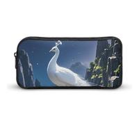 HETVBNS Astuccio per matite con pavone bianco e luna, grande capacità, con cerniera, organizer resistente, piccola borsa per cosmetici portatile per ufficio, viaggi