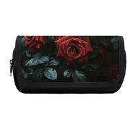 HETVBNS Astuccio per matite con rosa rossa e nera, extra large, astuccio a doppio strato con cerniera, borsa portatile per cosmetici per viaggi, organizer per cancelleria da ufficio per donne e uomini