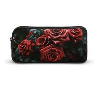 HETVBNS Astuccio portamatite con rosa rossa e nera, grande capacità, con cerniera, organizer per matite resistente, piccola borsa per cosmetici portatile per ufficio, viaggi