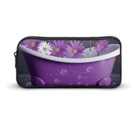 HETVBNS Astuccio viola con cerniera di grande capacità, per vasca da bagno e margherita, organizer per matite resistente, piccola borsa per cosmetici portatile per ufficio, viaggi