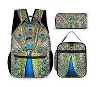 HETVBNS Beauty Peacock Set di 3 pezzi, zaino resistente e isolato, borsa per il pranzo, astuccio portatile per uomini e donne