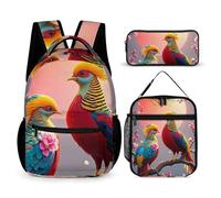 HETVBNS Bellissimo set di 3 zaini a forma di cucù con uccellini, zaino resistente e isolato, borsa per il pranzo, astuccio portatile per uomini e donne