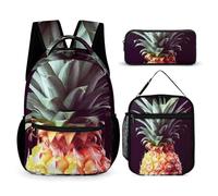 HETVBNS Bellissimo set di 3 zaini con ananas, zaino resistente e isolato, borsa per il pranzo, astuccio portatile per uomini e donne