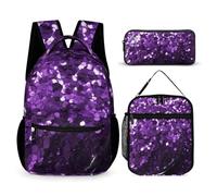 HETVBNS Bellissimo set di 3 zaini viola glitterati, zaino resistente, borsa termica per il pranzo, astuccio portatile per uomini e donne