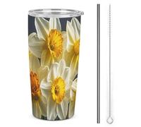 HETVBNS Bicchiere da 590 ml in acciaio inox con cannuccia e coperchio, bouquet di narcisi, tazza da caffè isolata sottovuoto, a tenuta stagna, tazza da viaggio per auto