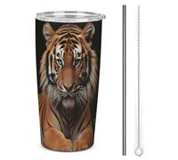 HETVBNS Bicchiere da 590 ml in acciaio inox con cannuccia e coperchio, con tigre e zampe, tazza da caffè isolata sottovuoto, tazza da viaggio per auto