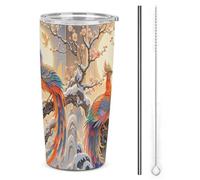 HETVBNS Bicchiere da 590 ml in acciaio inox con cannuccia e coperchio, due fenici in inverno isolato sottovuoto, tazza da viaggio per auto