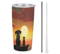 HETVBNS Bicchiere da 590 ml in acciaio inox con cannuccia e coperchio, elefante e cane guarda il tramonto, tazza da caffè isolata sottovuoto, a prova di perdite, tazza da viaggio per auto