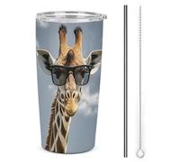 HETVBNS Bicchiere da 590 ml in acciaio inox con cannuccia e coperchio, giraffa che indossa occhiali da sole, tazza da caffè isolata sottovuoto, tazza da viaggio a tenuta stagna per auto