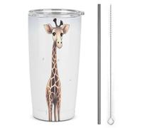 HETVBNS Bicchiere da 590 ml in acciaio inox con cannuccia e coperchio, simpatica giraffa, tazza da caffè isolata sottovuoto, a tenuta stagna, tazza da viaggio per auto