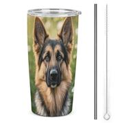 HETVBNS Bicchiere da 590 ml in acciaio inox con cannuccia e coperchio, simpatico cane pastore tedesco, tazza da caffè isolata sottovuoto, a prova di perdite, tazza da viaggio per auto
