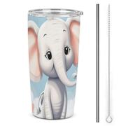 HETVBNS Bicchiere da 590 ml in acciaio inox con cannuccia e coperchio, simpatico elefante isolato sottovuoto, tazza da viaggio per auto