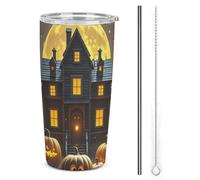 HETVBNS Bicchiere da 590 ml in acciaio inox con cannuccia e coperchio, tazza da caffè isolata sottovuoto per notte di Halloween, tazza da viaggio per auto