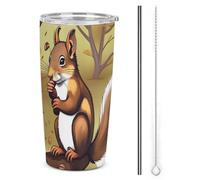 HETVBNS Bicchiere da 590 ml in acciaio inox con cannuccia e coperchio, tazza da caffè isolata sottovuoto con scoiattolo che mangia noci, tazza da viaggio per auto