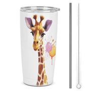HETVBNS Bicchiere da 590 ml in acciaio inox con cannuccia e coperchio, tazza da caffè isolata sottovuoto a forma di giraffa, tazza da viaggio per auto