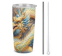 HETVBNS Bicchiere da 590 ml in acciaio inox con cannuccia e coperchio, tazza da caffè isolata sottovuoto Dragon Art, tazza da viaggio a tenuta stagna per auto
