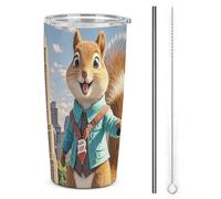HETVBNS Bicchiere da 590 ml in acciaio inox con cannuccia e coperchio, tazza da caffè isolata sottovuoto New York e scoiattolo, a tenuta stagna, per auto