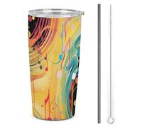 HETVBNS Bicchiere da 590 ml in acciaio inox con cannuccia e coperchio, tazza da caffè isolata sottovuoto a tema musica astratta, tazza da viaggio per auto