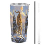 HETVBNS Bicchiere da caffè in acciaio inox con cannuccia e coperchio, da 590 ml, con tigre che scende la montagna, tazza da caffè isolata sottovuoto, a prova di perdite, tazza da viaggio per auto