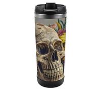 HETVBNS Bicchiere da viaggio con teschio antico e fiori, in acciaio inox, con coperchio, portatile, a prova di perdite, per bevande calde/fredde, palestra e ufficio
