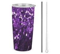 HETVBNS Bicchiere in acciaio inox da 590 ml, con cannuccia e coperchio, bellissima tazza da caffè isolata sottovuoto con glitter viola, a prova di perdite, tazza da viaggio per auto
