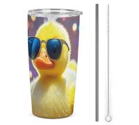 HETVBNS Bicchiere in acciaio inox da 590 ml, con cannuccia e coperchio, Ellow Ducky con occhiali da sole, tazza da caffè isolata sottovuoto, tazza da viaggio per auto